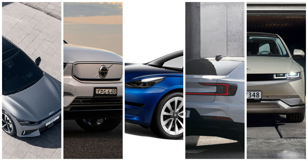 EV comparison collage: Polestar 2, Tesla Model 3, Kia EV6, Hyundai Ioniq 5, Volvo XC40 Pure Electric