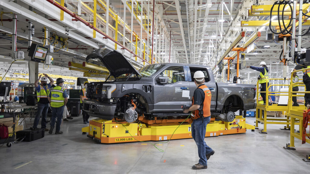 The Ford F-150 Lightning electric ute has started rolling down the production line at the Rouge Center in Dearborn, Detroit