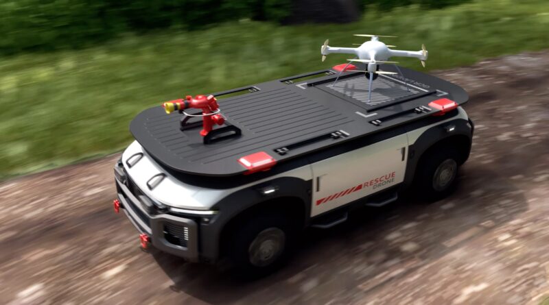 A Hyundai hydrogen fuel cell e-bogie with autonomous drive can be used for multiple applications, including as a driverless rescue vehicle with a drone