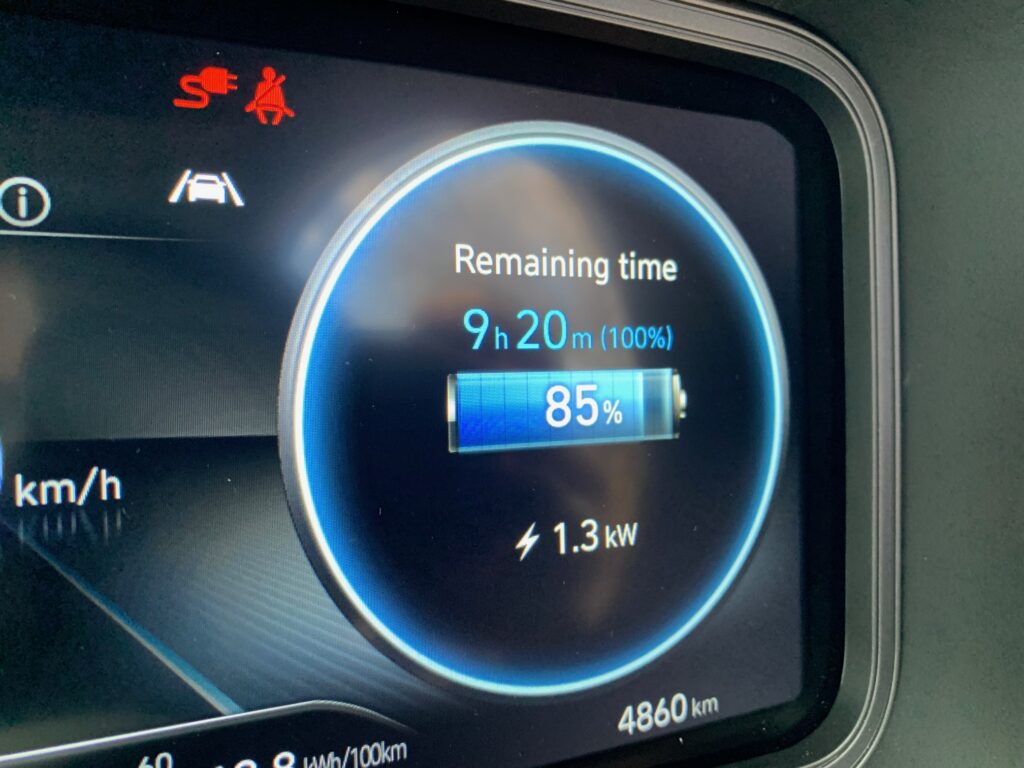 The instrument cluster display on a Hyundai Kona Electric Extended Range