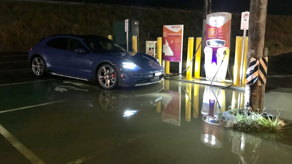 2021 Porsche Taycan Cross Turismo 4S at a flooded 50kW charge point at Forest Glen, QLD