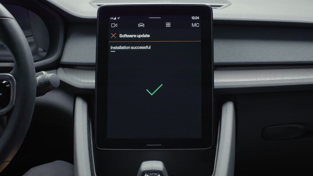 Screen of a Polestar 2 showing the over-the-air software update functionality