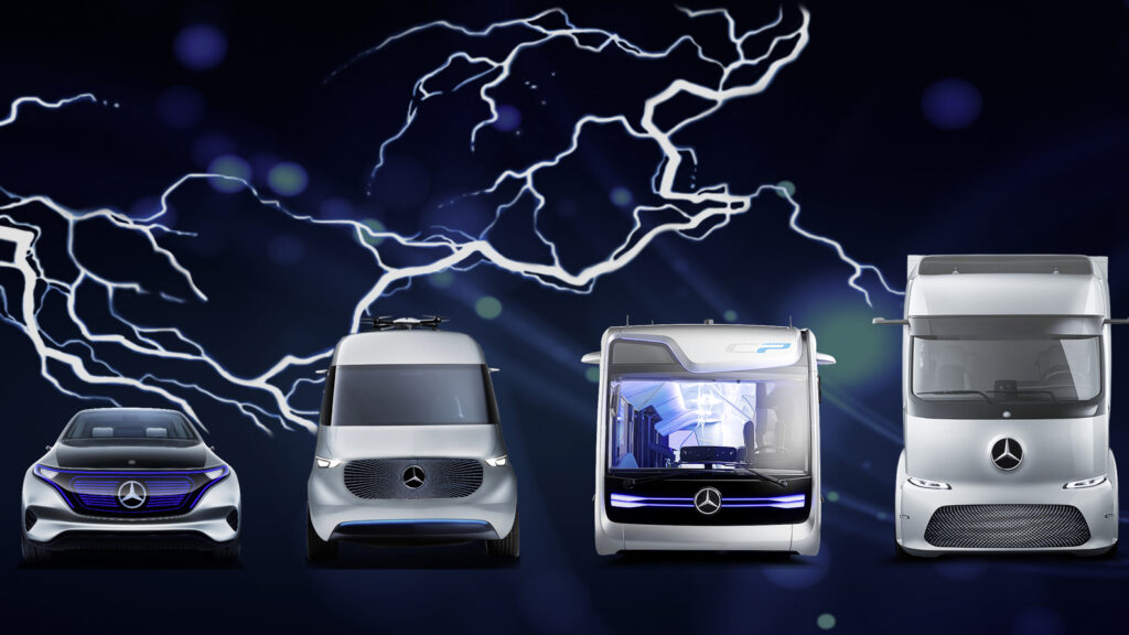 Mercedes-Benz electric vehciles, including an SUV, van, bus and truck