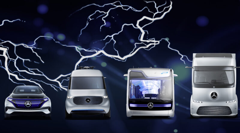 Mercedes-Benz electric vehciles, including an SUV, van, bus and truck