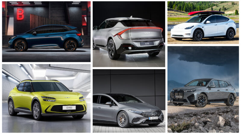 Image collage showing new EVs due in Australia in 2022: Cupra Born, Kia EV6, Tesla Model Y, Genesis GV60, Mercedes-Benz EQS, BMW iX