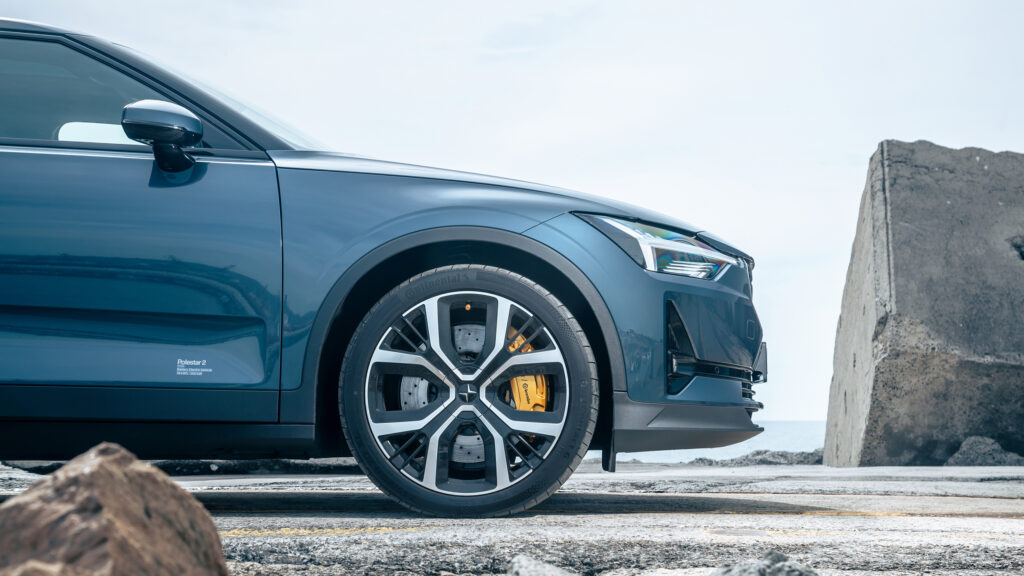 Polestar 2 Long Range Dual Motor showing the model designation sticker on the front door