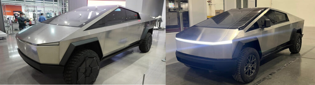 Leaked images from the Tesla factory show a Cybertruck ute that is closer to production (right). The production model has a large windscreen wiper, exterior mirrors and other stying tweaks