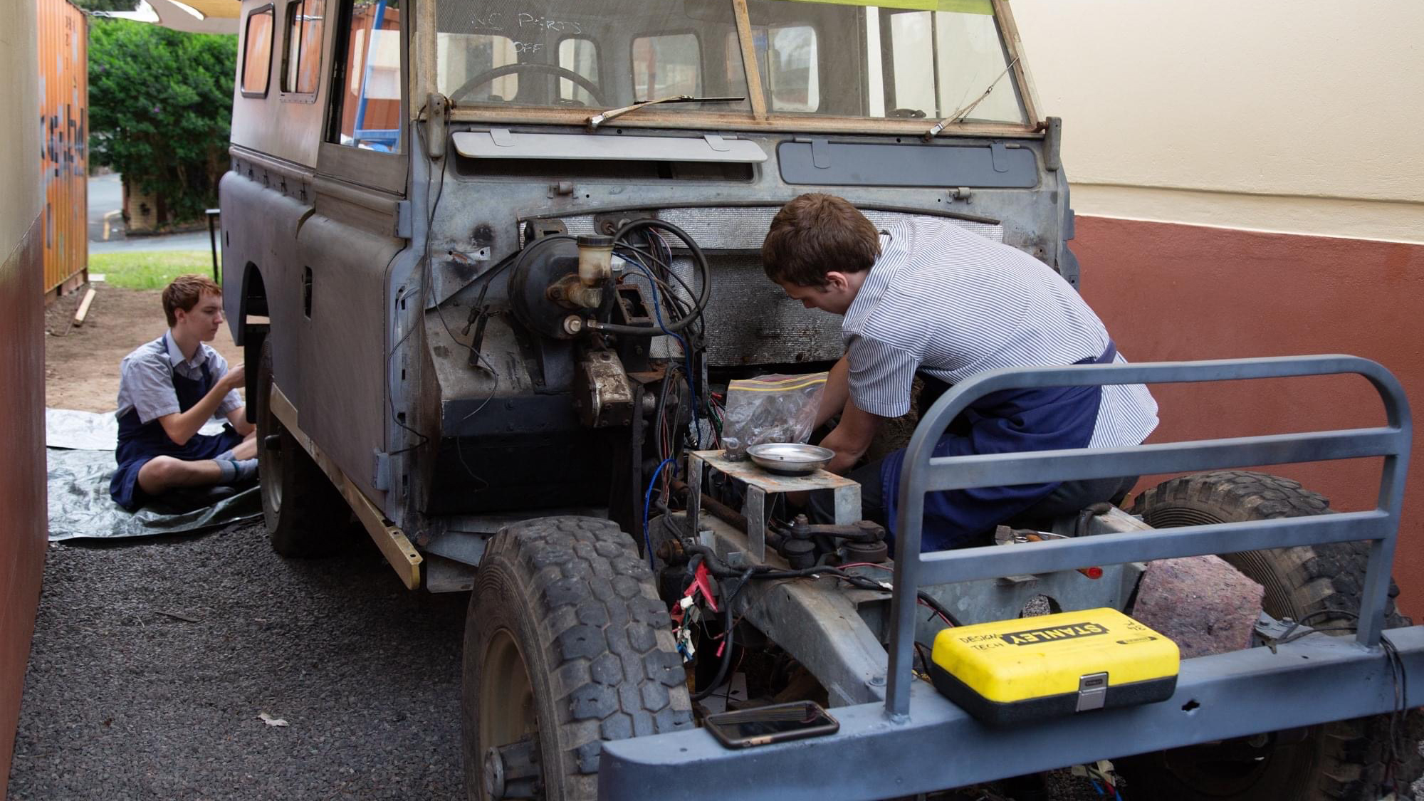 1974 Land Rover Series III at Matthew Flinders Anglican College in the process of an electric conversion
