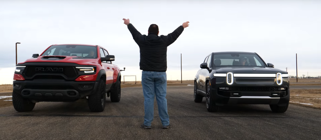 Rivian R1T in a drag race with a Ram TRX conducted by The Fast Lane