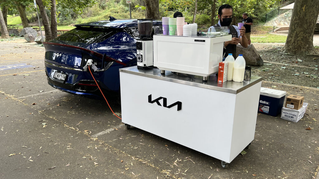Kia EV6 using its vehicle-to-load (V2L) function to power a coffee machine