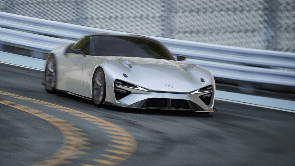 Lexus EV sports car shown on the road.