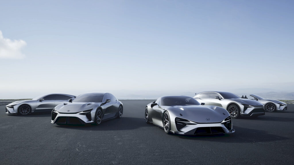 Lexus EV sports car parked among other new electric models