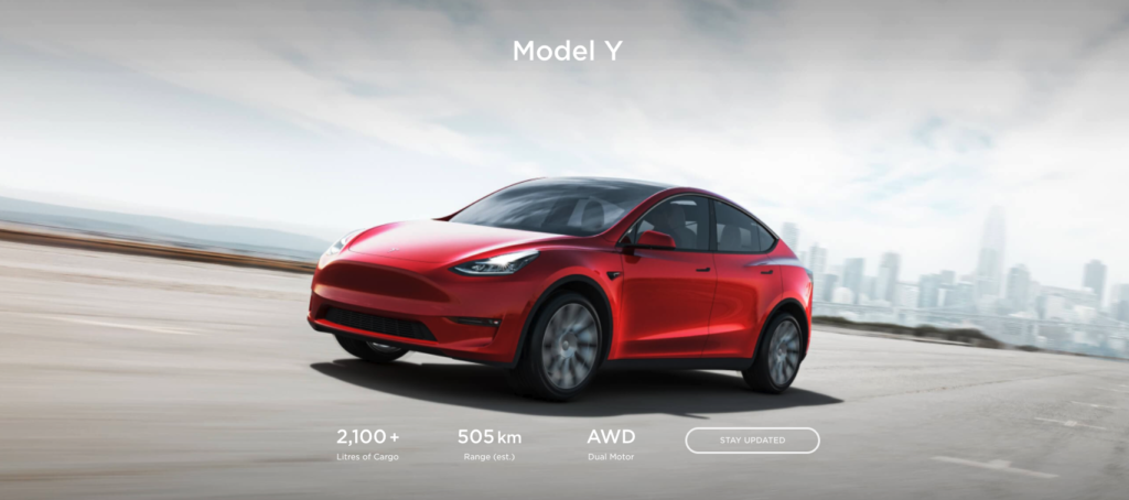 Screen shot of the Tesla Australia website allowing buyers to stay updated about the soon-to-arrive Model Y electric SUV
