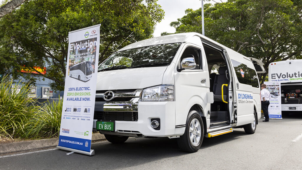 Joy Long electric minibus with a 73.87kW lithium battery pack and a water cooled 480nM electric motor with rear wheel drive and up to 17 seats