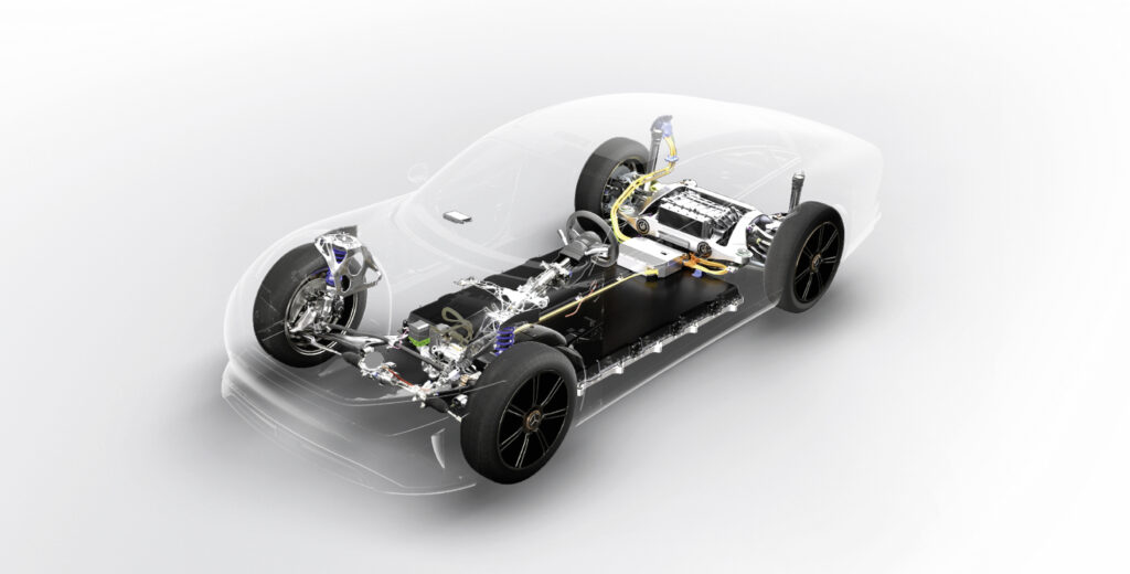 Cutaway showing the electric drive unit and battery pack of the Mercedes-Benz EQXX
