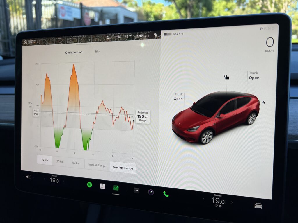 Tesla Model Y Rear-Wheel Drive display showing energy use