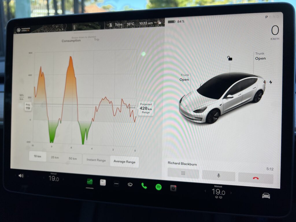 Tesla Model 3 display showing energy use