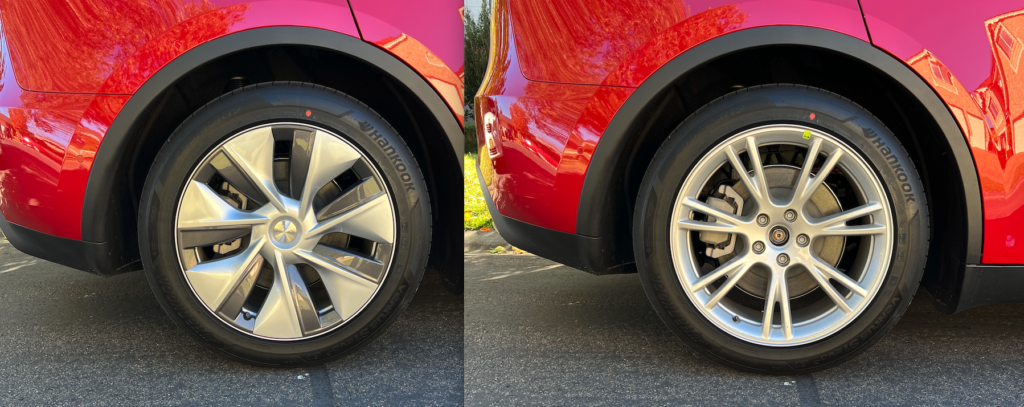 Plastic wheel covers on the Tesla Model Y Rear-Wheel Drive can be removed to reveal alloy wheels