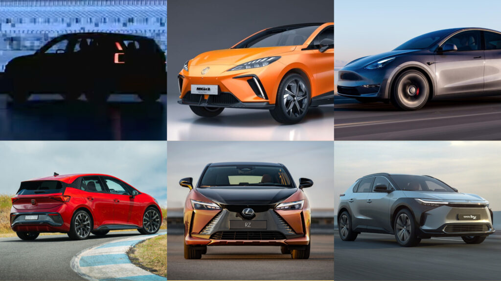 Picture collage showing Volvo EX30 silhouette, MG 4, Tesla Model Y Performance, Cupra Born, Lexus RZ450e and Toyota bZ4X