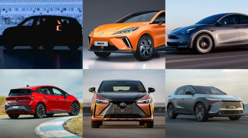 Picture collage showing Volvo EX30 silhouette, MG 4, Tesla Model Y Performance, Cupra Born, Lexus RZ450e and Toyota bZ4X