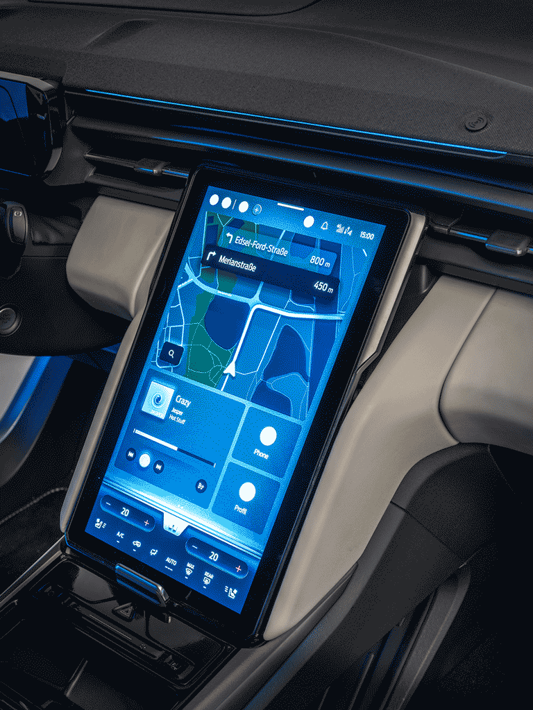 The new Ford Explorer EV has a central infotainment screen that can be moved into different positions