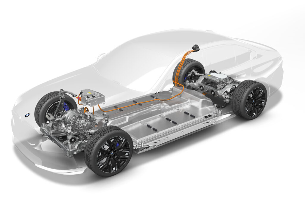 BMW i5 cutaway diagram showing the EV components and battery pack