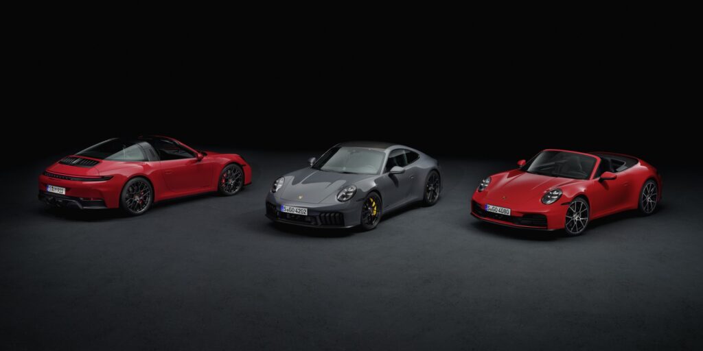 2025 Porsche 911 GTS (generation 992.2), seen as a Targa, Coupe and Cabriolet. Each gets an innovative T-Hybrid petrol-electric hybrid system with an electric turbocharger