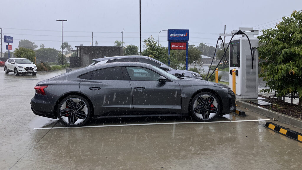 Charging a 2024 Audi RS e-tron GT in the rain