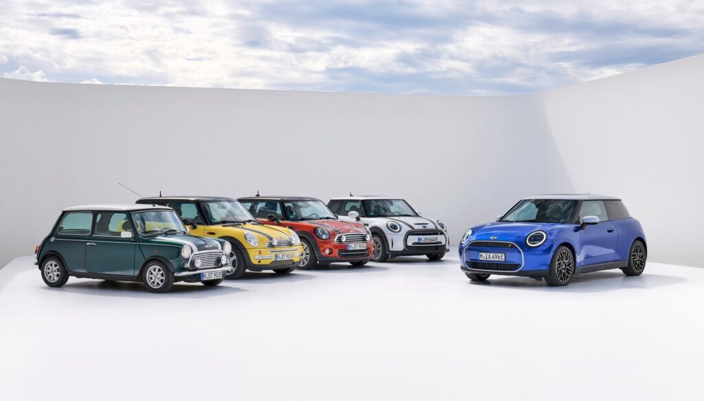 The original Mini Cooper (left) is a lot smaller than the modern versions, which have evolved under BMW control to create the newest in the Cooper family (right)