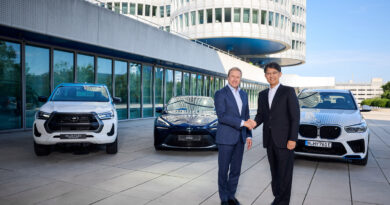 Toyota president Koji Sato and BMW chairman Oliver Zipse at BMW’s headquarters in Munich to announce an increased collaboration on the development of fuel cell electric vehicle technology. Behind them is a Toyota Hilux FCEV prototype, Toyota Mirai and BMW iX5 FCEV development vehicle.