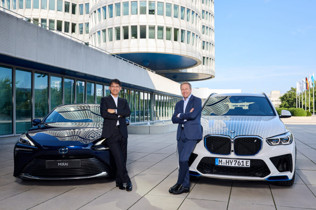 Toyota president Koji Sato and BMW< chairman Oliver Zipse at BMW’s headquarters in Munich to announce an increased collaboration on the development of fuel cell electric vehicle technology