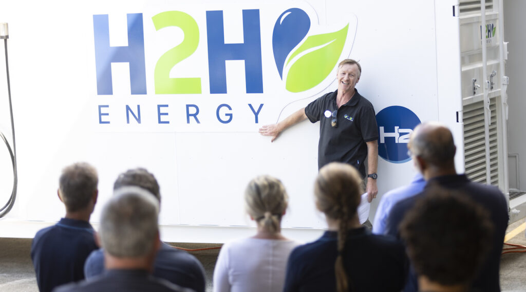 Queensland's H2H Energy's CEO Cranston Polson with the H2CORE Hydrogen Refuelling Solution built into a shipping container