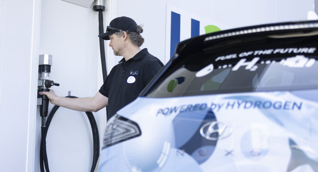 Queensland's H2H Energy's H2CORE Hydrogen Refuelling Solution filling a hydrogen Hyundai Nexo