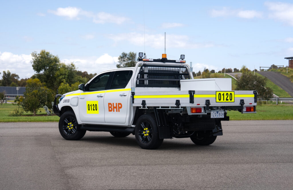 All-electric Toyota Hilux dual-cab ute prototype, which will be tested by BHP on mines in Western Australia