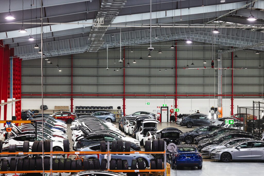 The Tesla delivery centre in Sydney with the first batch of updated Model Y "Juniper" models being prepared for customer delivery.