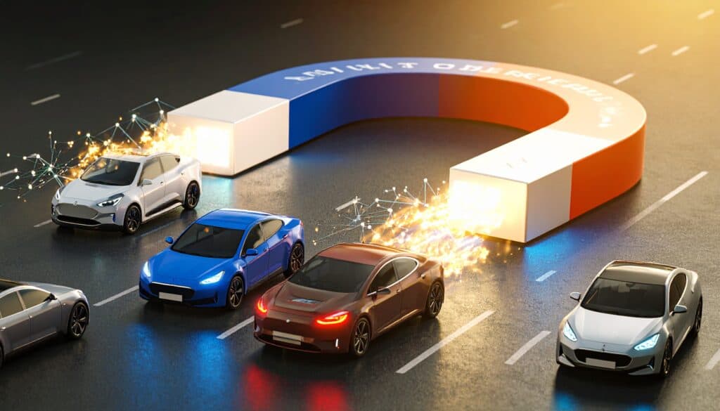 EVs being drawn towards a giant magnet to illustrate the lure of taking out a novated lease to leverage the government's fringe benefits tax exemption.