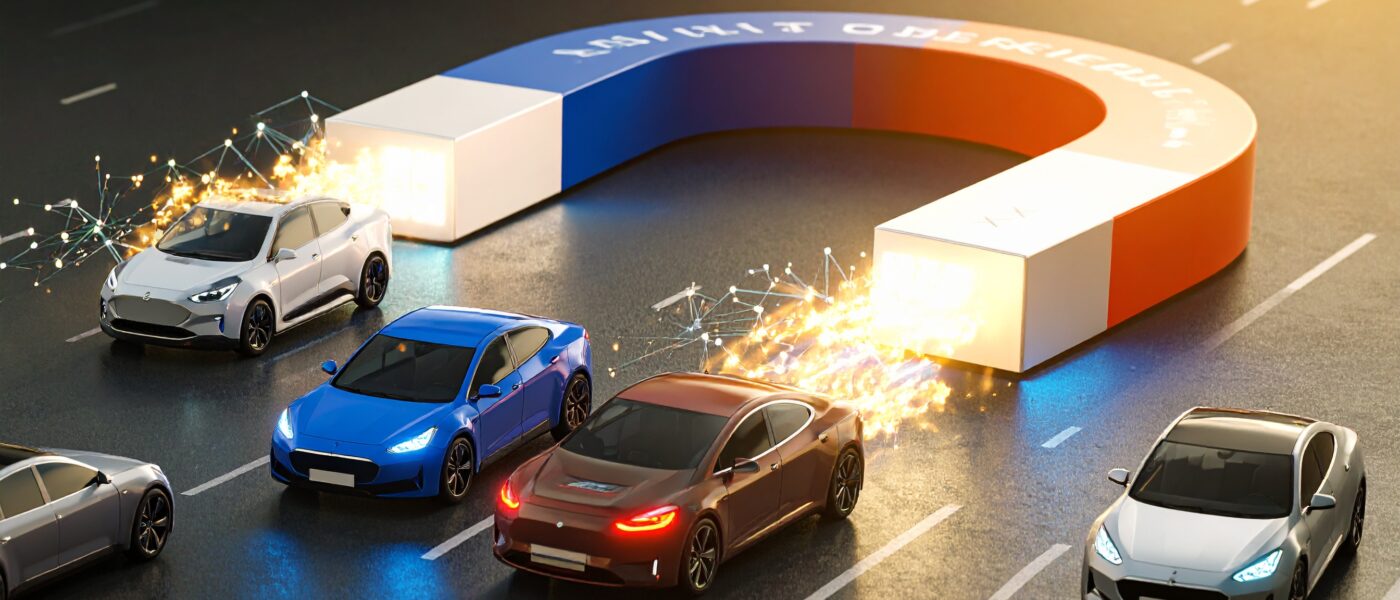 EVs being drawn towards a giant magnet to illustrate the lure of taking out a novated lease to leverage the government's fringe benefits tax exemption.