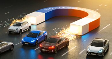 EVs being drawn towards a giant magnet to illustrate the lure of taking out a novated lease to leverage the government's fringe benefits tax exemption.