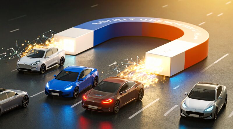 EVs being drawn towards a giant magnet to illustrate the lure of taking out a novated lease to leverage the government's fringe benefits tax exemption.