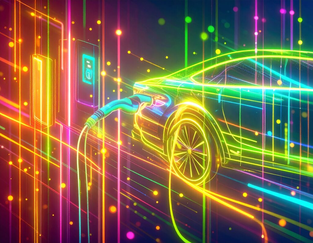 Generic EV being charged, showing the flow of electricity from a charger to the electric car