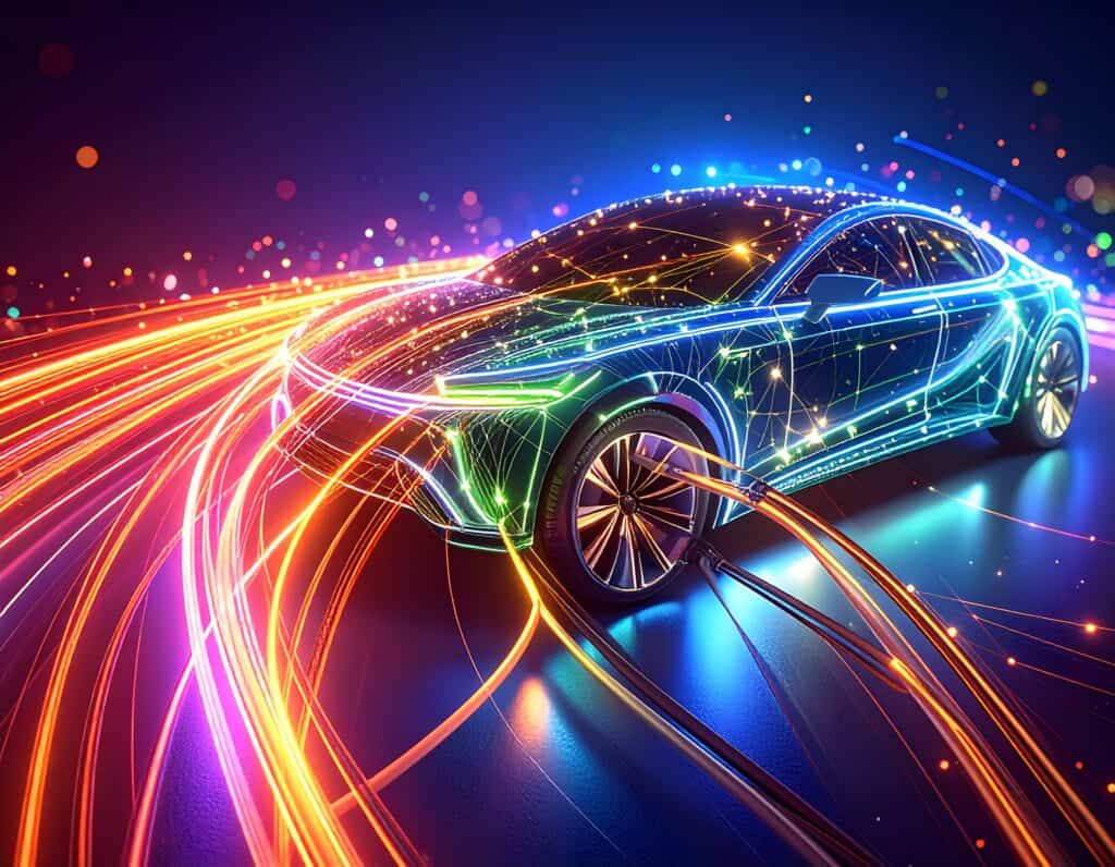 Generic EV being charged, showing the flow of electricity from a charger to the electric car
