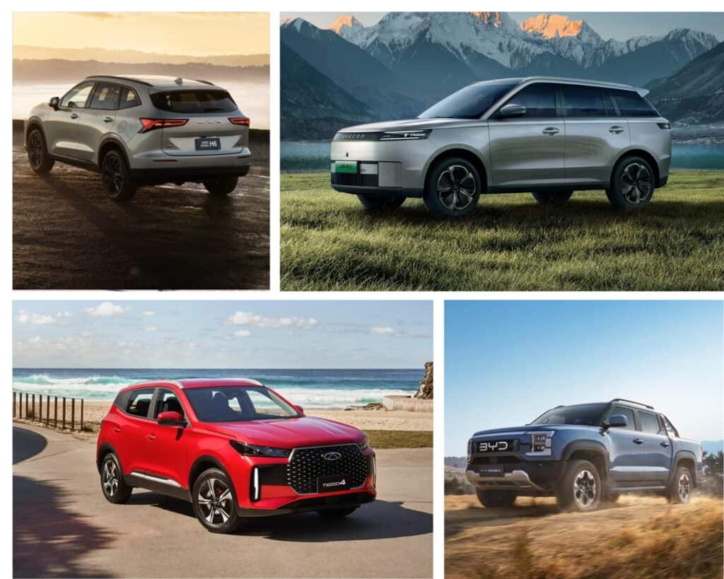 Chinese cars: GWM Haval H6, Jaecoo J5, Chery Tiggo 4, BYD Shark 6