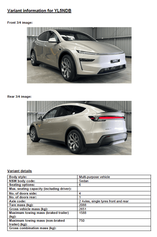 Australian Design Rule documentation published by the Australian Government showing the Tesla Model YL has been approved for sale in Australia.