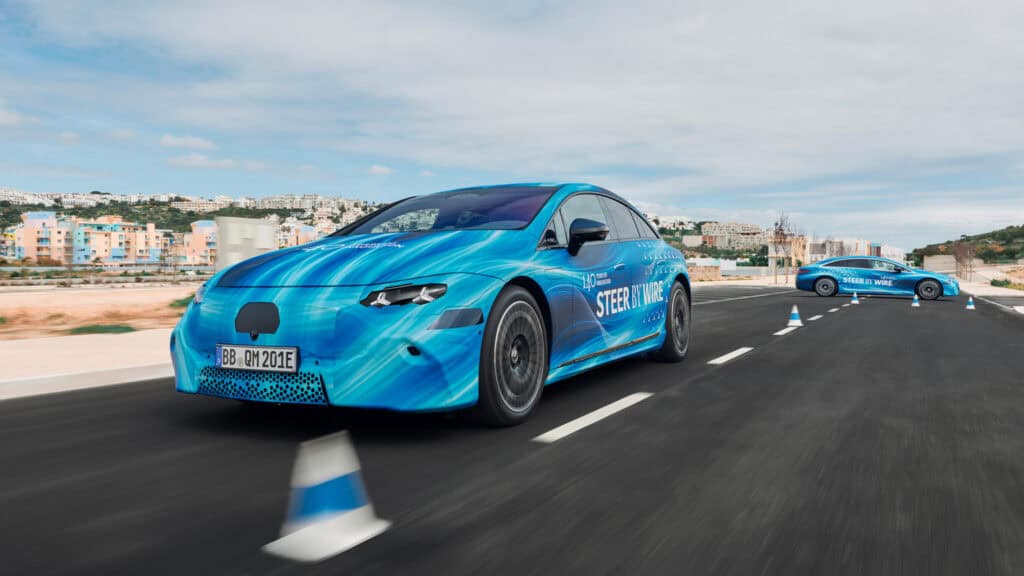 Mercedes-Benz EQS development car with steer-by-wire technology.