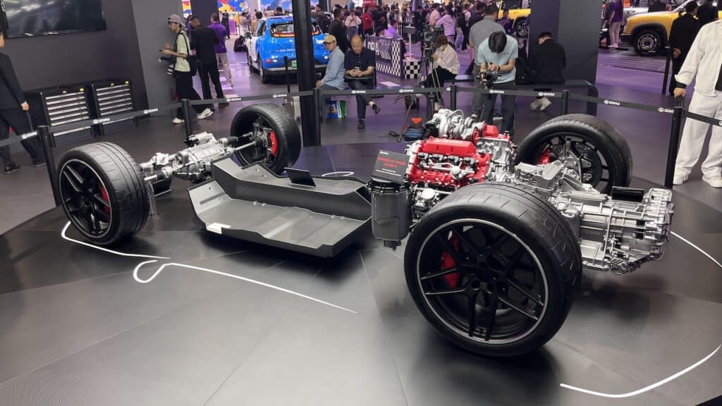 GWM's carbon supercar platform featuring a mid-mounted twin-turbo V8 with front electric motor at the 2026 Beijing auto show