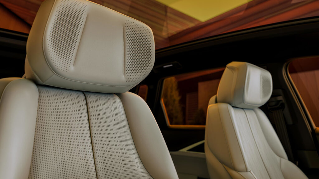 The AKG speakers in the headrests of the front driver and passenger seats in the Cadillac Lyriq.