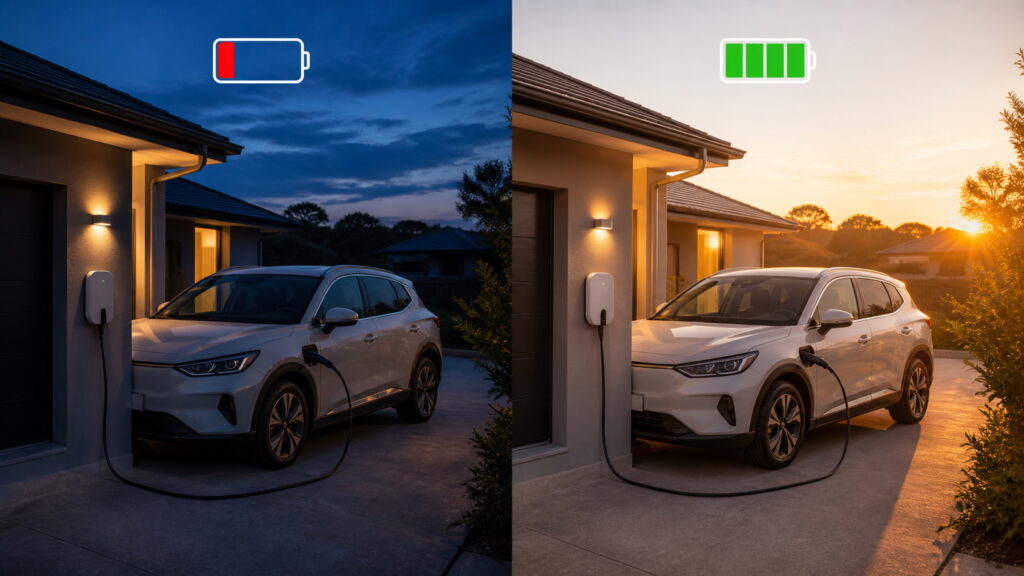 Home EV charging showing a car with a low battery in the evening and a full battery in the morning.